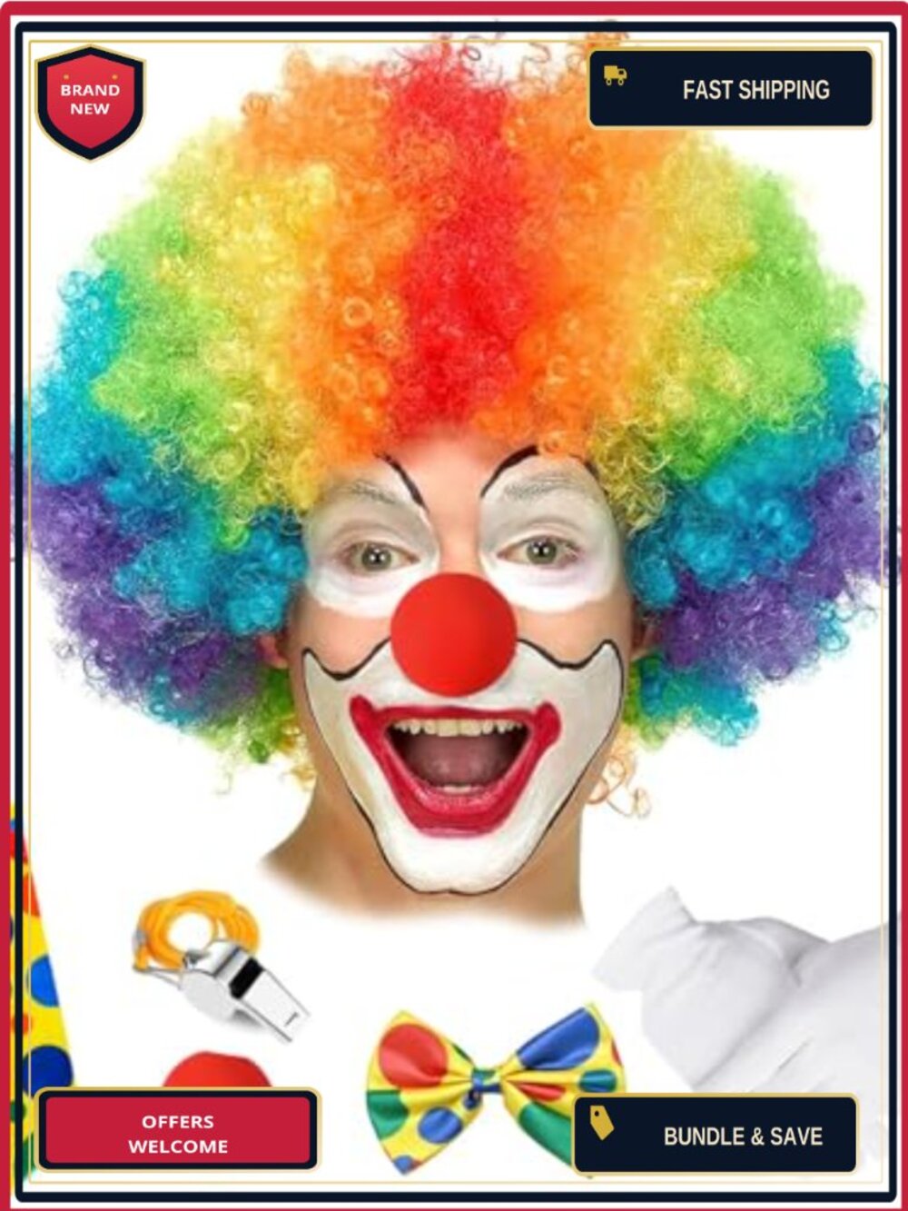 Clown Wig Costume Set 6-Piece Acrylic Afro Wig Nose Bow Tie Gloves Halloween